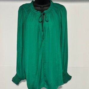 Loft Green Long Sleeve Blouse L Bishop Tie Ruffle Boho Romantic Peasant Smocked